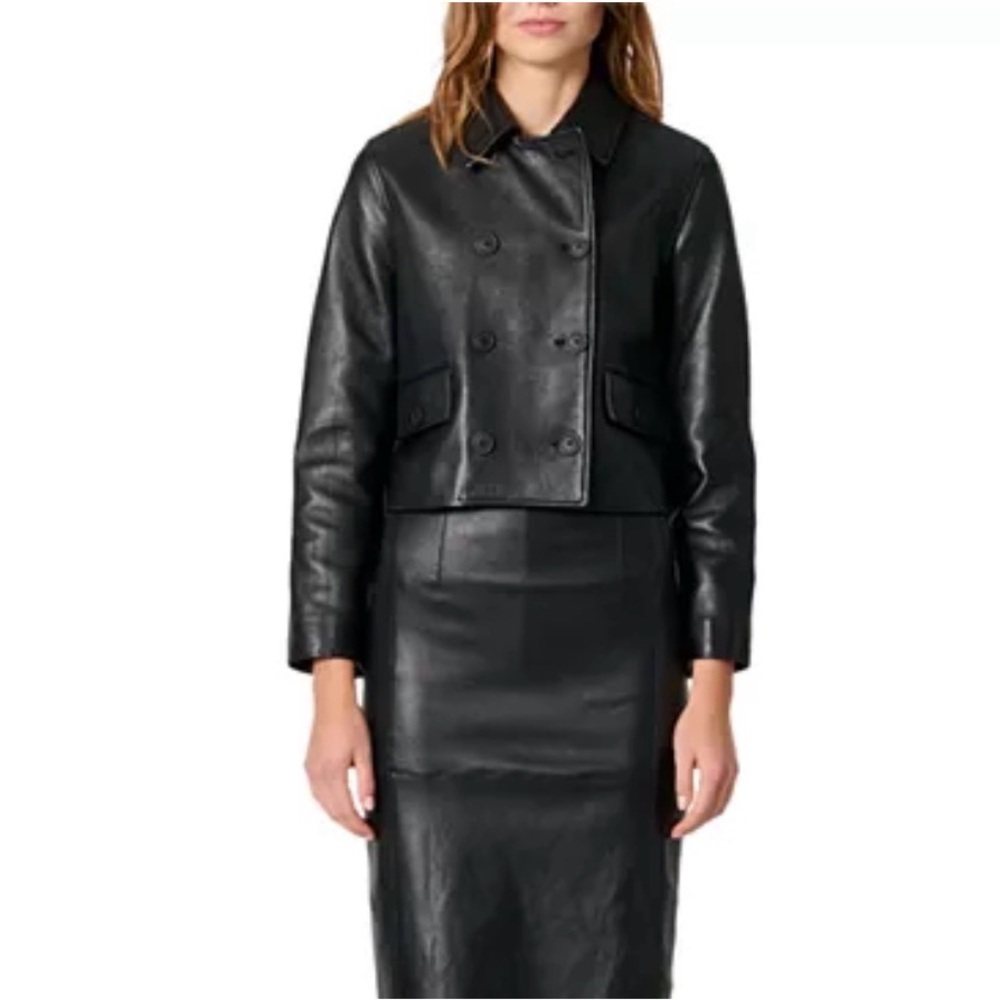 Maje Black Leather Double-Breasted Jacket
